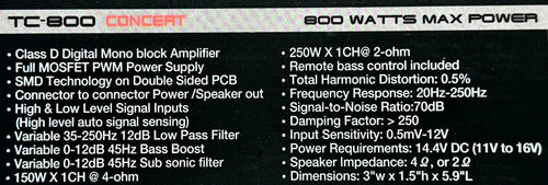 Amplificador Bajo 1 Canal 800w Ts Power Tc-800 Clase D 2 Moto Gris