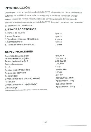 Amplificador Clase D 1canal Monster Aal6000.1 1200watts Negro