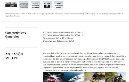Amplificador Marino 1 Canal Bajo 300w. Rms Kenwood Kac-m3001