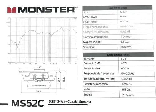 Bocinas Coaxiales De 5.25 PuLG Monster Ms52c 45w Rms 4 Ohms Negro