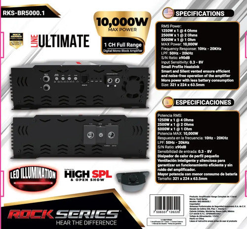 Amplificador Rock Series Rks-br5000.1 10,000w Max Clase D 1c Negro