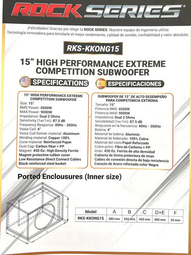 Subwoofer 15 Rock Series Anniversary Rks-kkong15 9000w Kong Color Negro