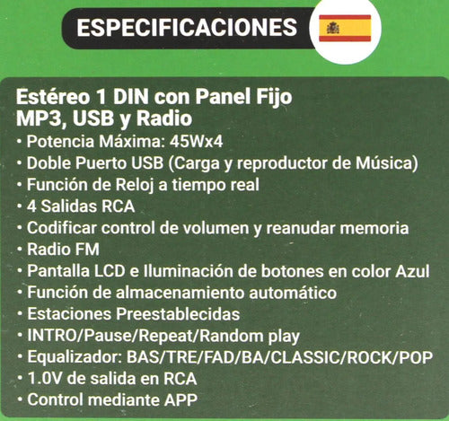 Estéreo 1 Din 2 Usb Mp3 4 Rca Bt Atomic Neon150