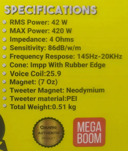 Bocinas 4 Pulgadas Coustic Pro4 2 Vias 400 Watts Max Color Negro