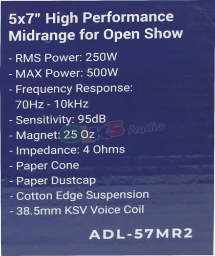 Un Medio Rango 5x7 250w. Rms Open Show Audiolabs Adl-57mr2 Color Negro