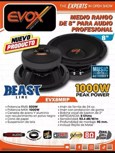 2 Medios Rangos De 8 Profesional 500w Rms 8 Ohm Evox Evx8mrp Negro