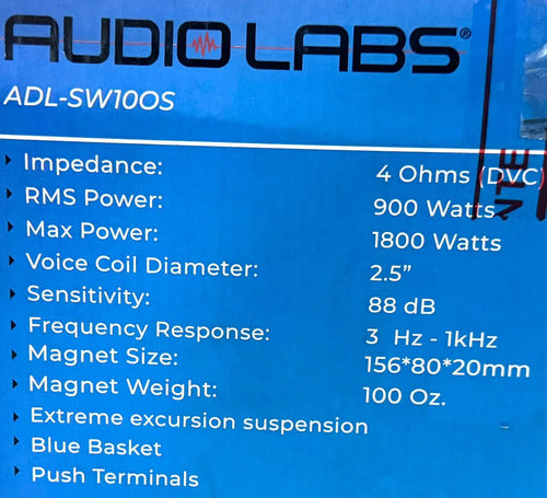 Subwoofer De 10'' Doble Bobina 900w Rms Audiolabs Adl-sw10os