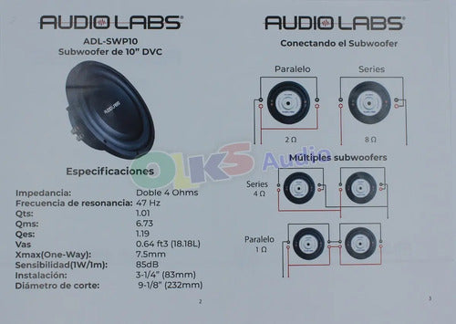 2 Subwoofer Planos 10'' 250w. Rms 4 Ohms Audiolabs Adl-swp10