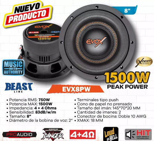 2 Subwoofer 8 Doble Bobina 750w Rms 4+4 Ohms Evox 2-evx8pw Negro Con Naranja