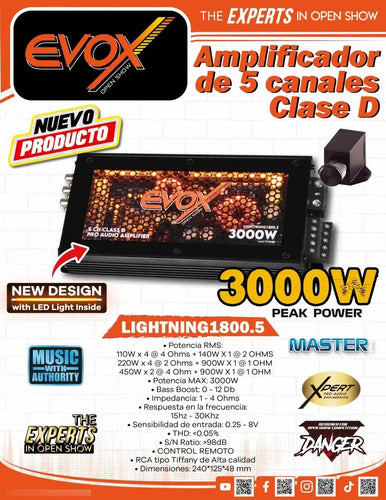 Amplificador 5 Canales 110wx4 Led Negro Evox Lightning1800.5