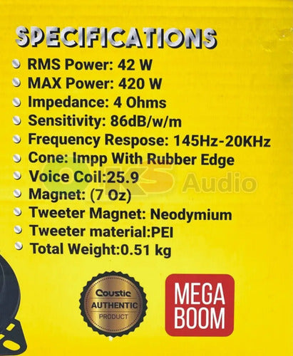 Bocinas 4 Pulgadas Coustic Pro4 2 Vias 400 Watts Max Color Negro