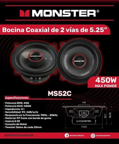 Bocinas Coaxiales De 5.25 PuLG Monster Ms52c 45w Rms 4 Ohms Negro