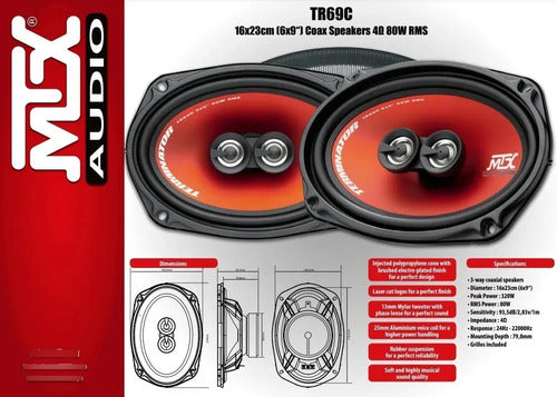 Bocinas 6x9 Triaxiales 3 Vias 320 Watts Mtx Terminator Tr69c Color Negro Con Rojo Naranja