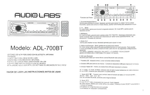 Autoestéreo Multimedia Usb Bluetooth Audiolabs Adl-700bt