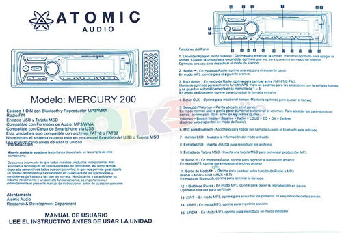 Autoestereo Bluetooth Atomic Mercury200 Usb Sd Fm App 180w