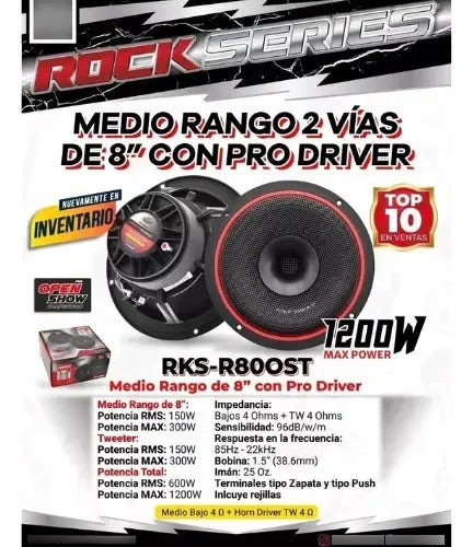 2 Medios Rango Con Driver De 8'' 1200w Rockseries Rks-r80ost