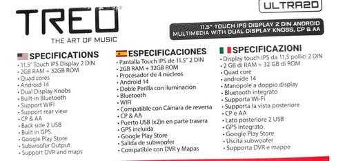 Estéreo Pantalla 11.5 PLG 2din Carplay Wifi A/a Ultra2d Treo