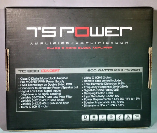Amplificador Bajo 1 Canal 800w Ts Power Tc-800 Clase D 2 Moto Gris