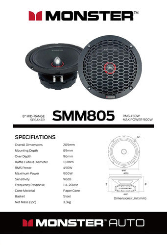 Par De Medios Rangos De 8'' 450w. Rms 8 Ohms Monster. Smm805