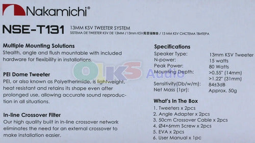 Par Tweeter 1.5 PuLG. 15w. Rms Crossover Nakamichi Nse-t131 Color Negro