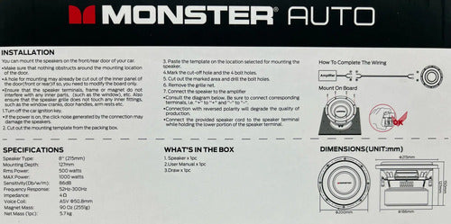 Subwoofer De 8'' 1000w Max 4+4 Ohms Open Show Monster Swe801