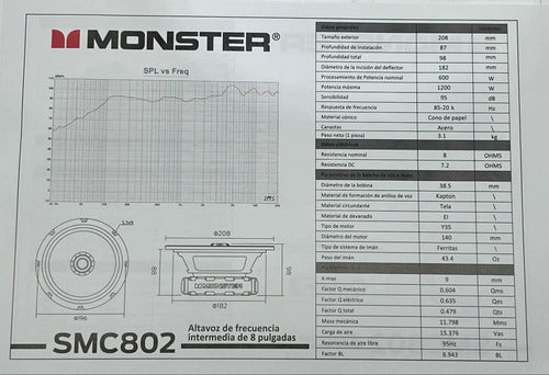 2 Medio Rangos Coaxial De 8'' 600w Rms 8 Ohms Monster Smc802 Color Negro