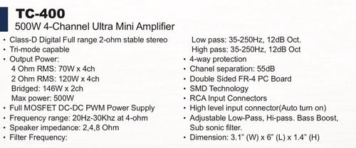 Mini Amplificador De 4 Canales Del Tamaño De Un Billete Clase D Rango Completo 400 Watts T